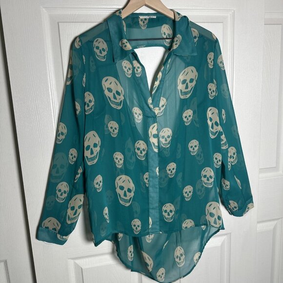 Honey Punch Large Skull Long Sleeve Teal Green Y2K Aria Top Office Halloween - Picture 5 of 11